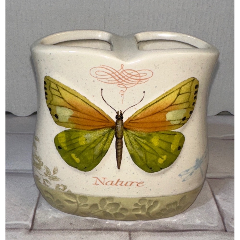 Daphne Butterfly Bliss Ceramic Toothbrush Holder Nature Floral Cream RN61945